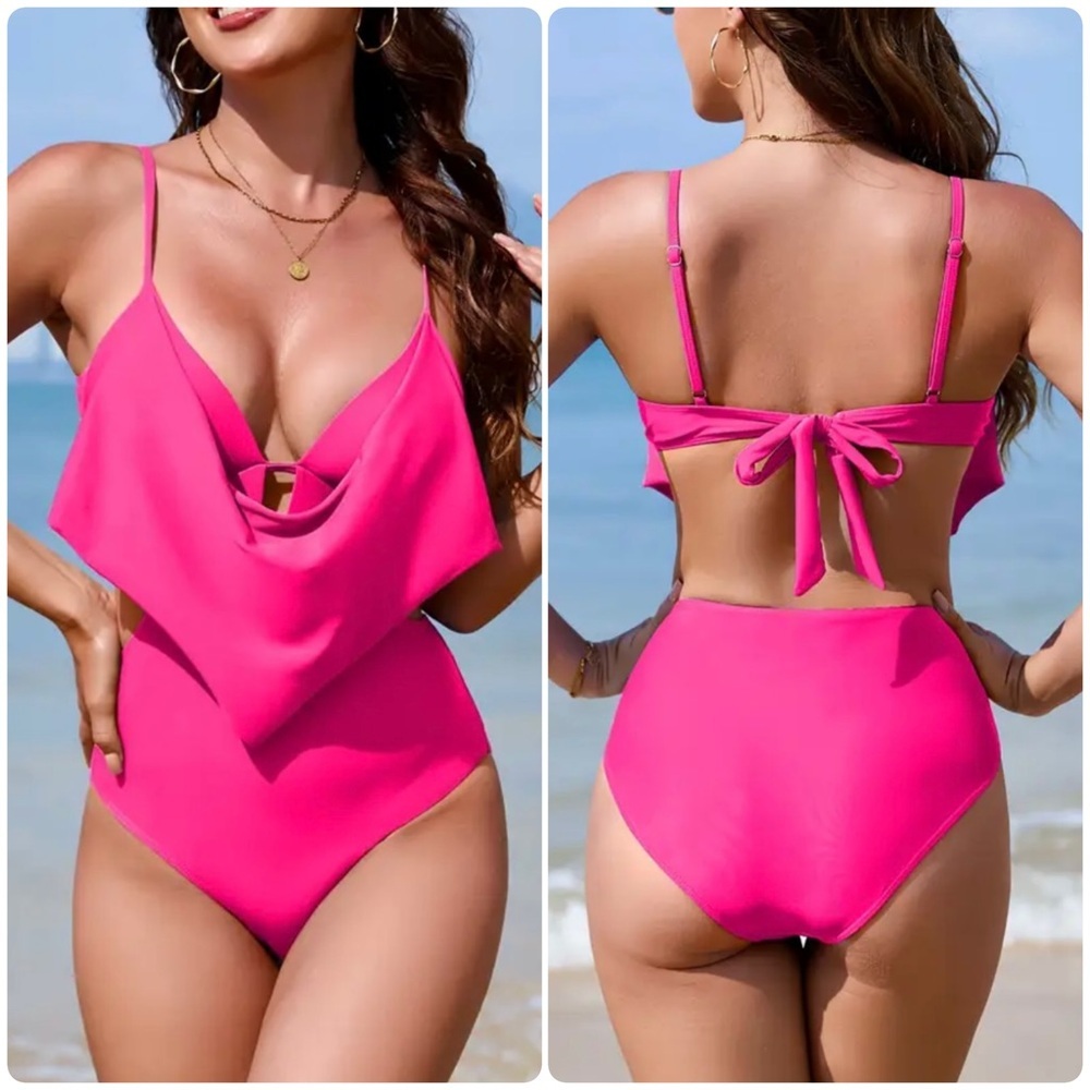 Hot Pink Push Up Cowl Neck Monokini Swimsuit